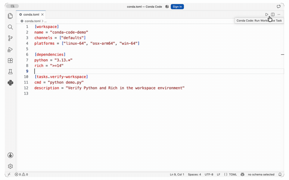 The demo opens conda.toml, selects the Conda Code play action, chooses verify-workspace, and shows its terminal output.